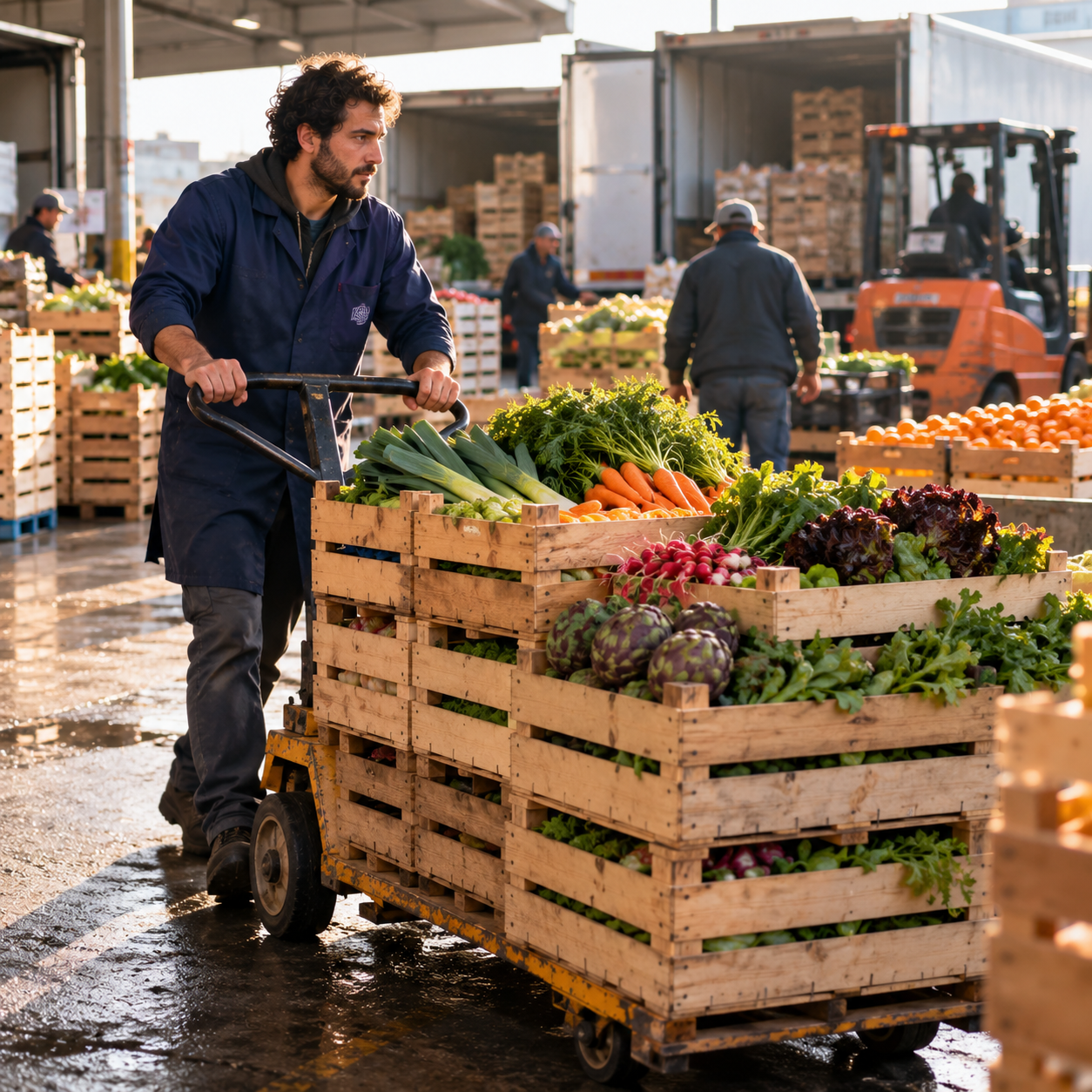 Chef consultant son téléphone à côté de caisses de produits frais du marché de Rungis